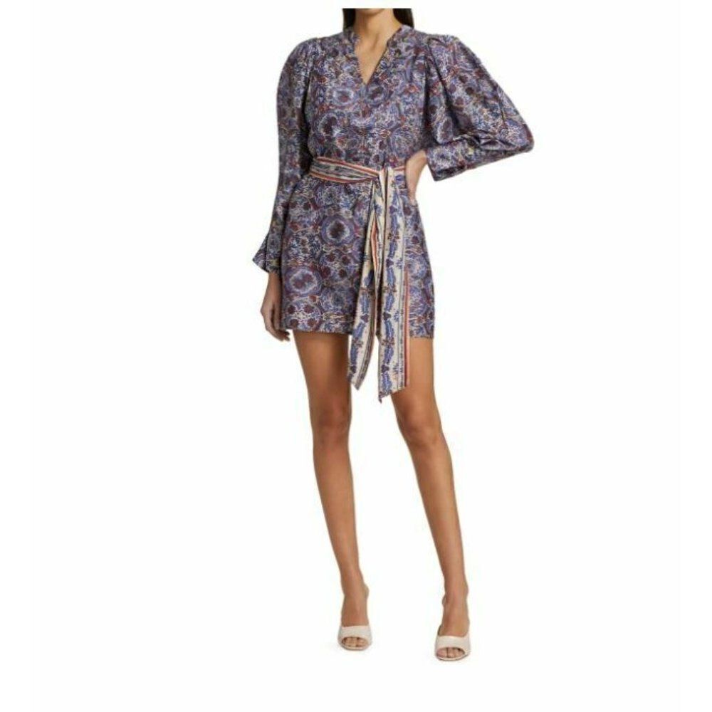 Chufy Womans Floral Ma Dress L Blue Lln Print Burma Puff sleeve Cotton Silk NWT